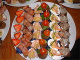 Appetizer platter-Bacon Wrapped shrimp, stuffed eggs, Smoked filet w/tomato toppers, Garlic Tuna w/pineapple toppers